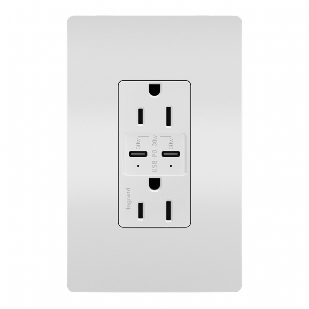 radiant? 15A Tamper Resistant Ultra Fast PLUS Power Delivery USB Type C/C Outlet, White