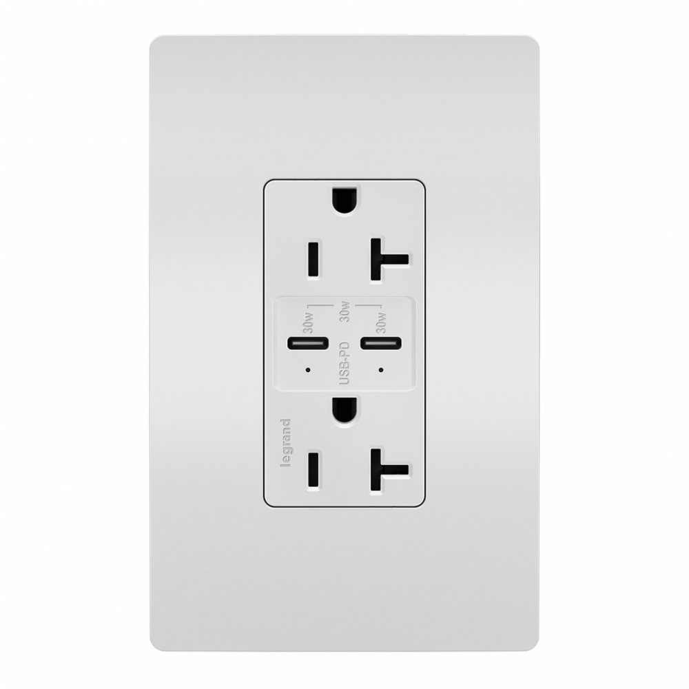 radiant? 20A Tamper Resistant Ultra Fast PLUS Power Delivery USB Type C/C Outlet, White