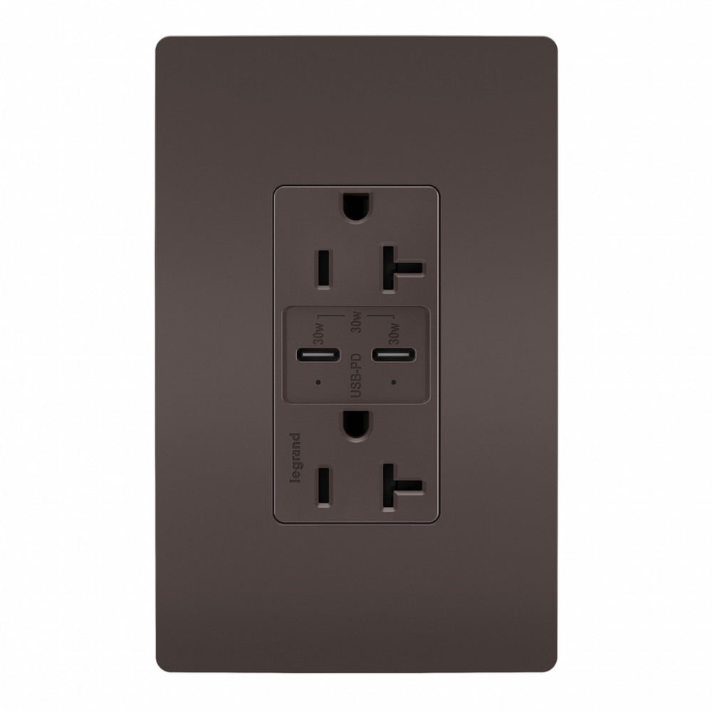 radiant? 20A Tamper Resistant Ultra Fast PLUS Power Delivery USB Type C/C Outlet, Brown