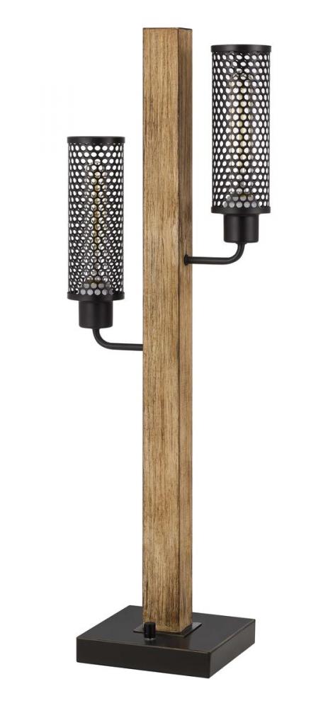 60W x 2 Lenox lantern style rubber wood / metal table lamp with mesh metal shades