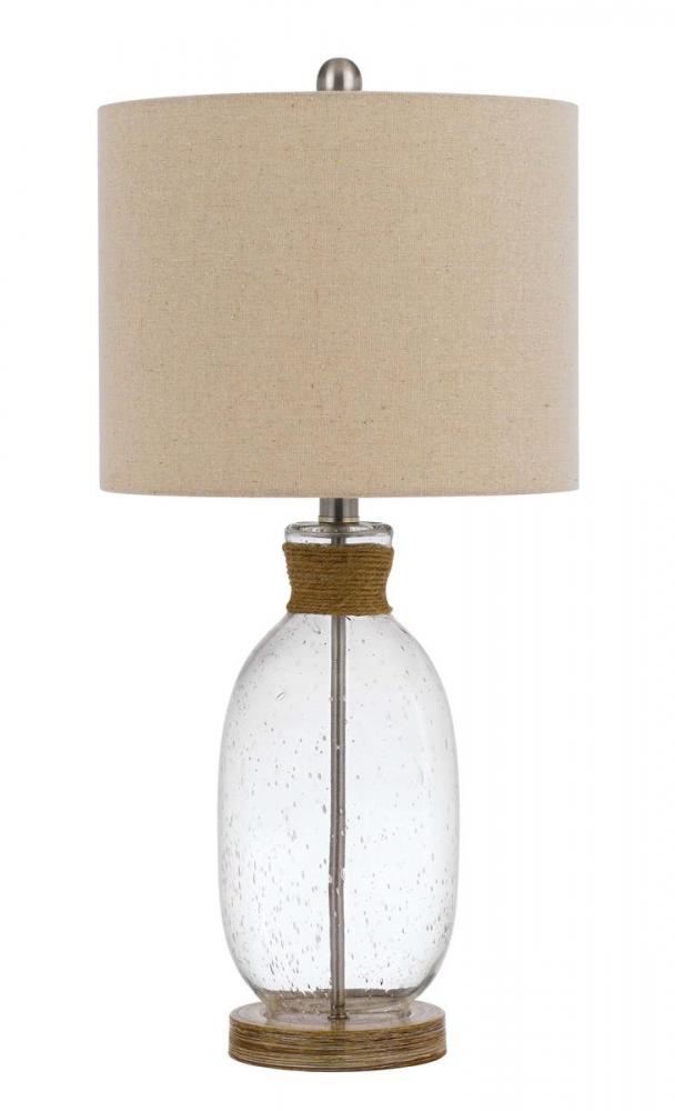 150W 3 way Seymour bubbled glass table lamp with resin base and hardback drum linen shade