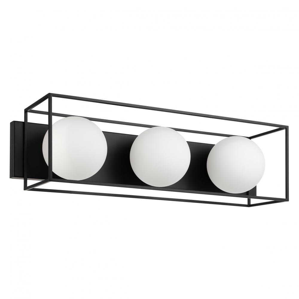 3 Lt Open Frame Bath Light With Matte Black Finish and White Sphere Shaped Glass Shades