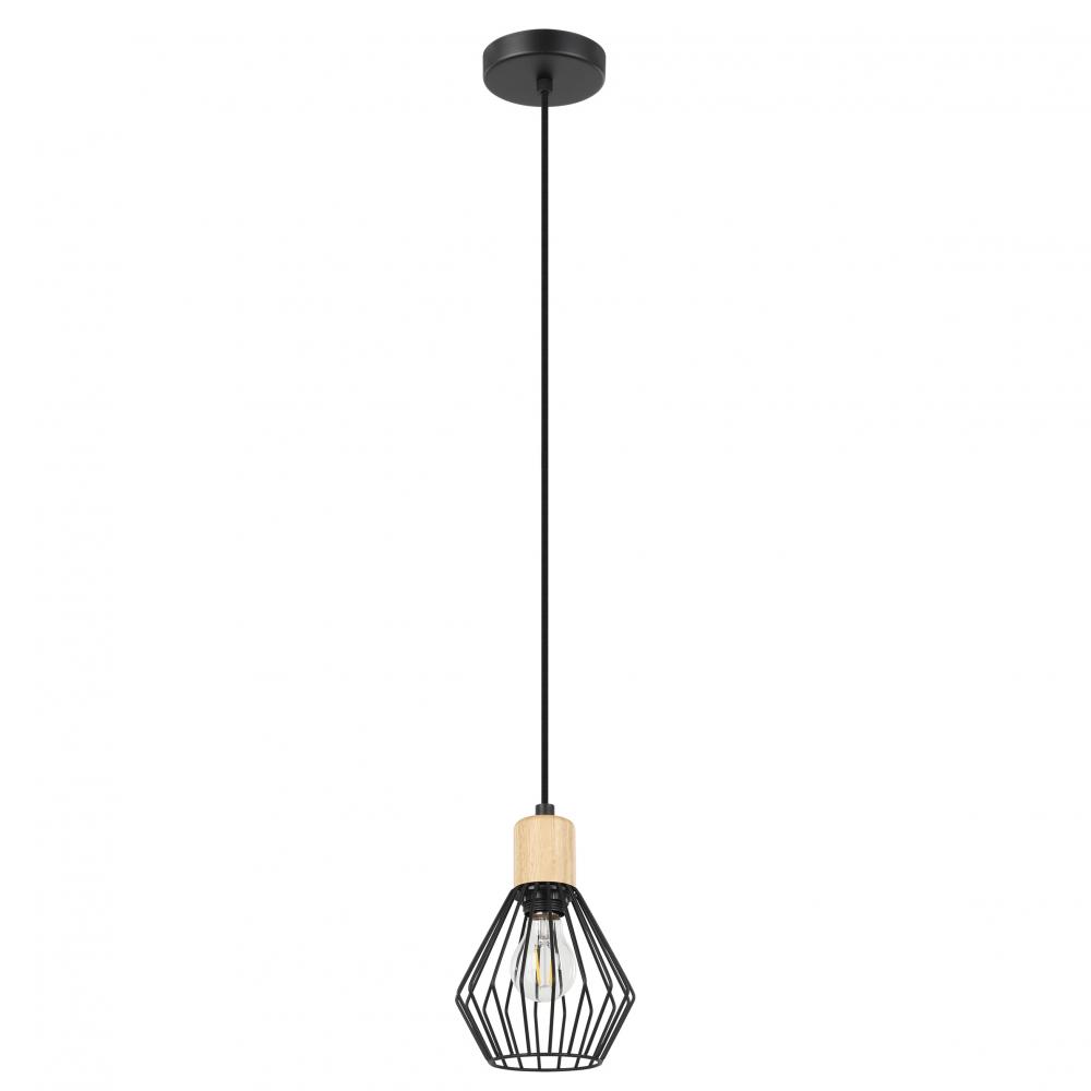 1LT Open Frame Metal Pendant With Structured Black Finish and Wood Accent. 1-60W E26 Bulb