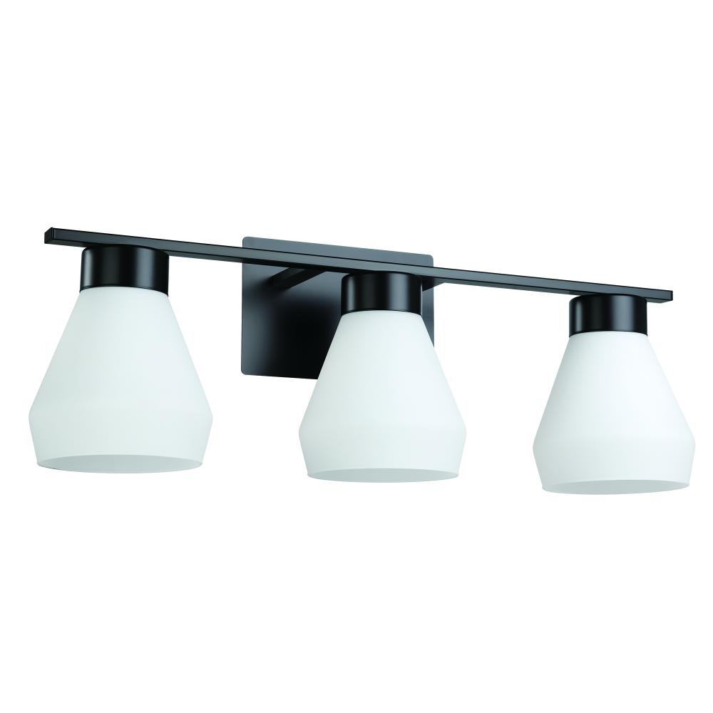3Lt Bath/Vanity Light With Matte Black Finish and White Glass Shades 3-60W E26 Bulbs