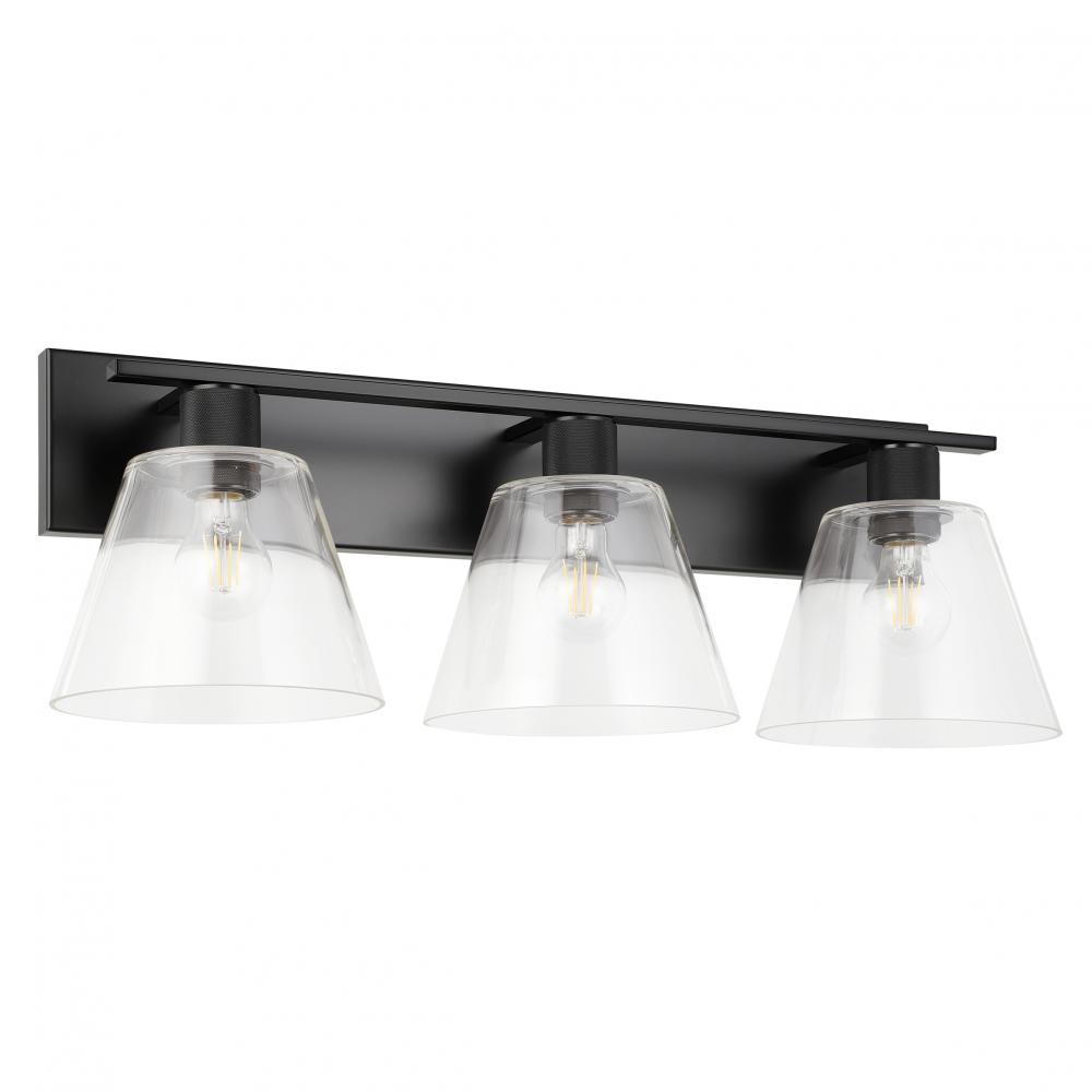 3 LT Bath/Vanity Light With Matte Black Finish and Clear Glass Shades 3-60W E26 Bulbs