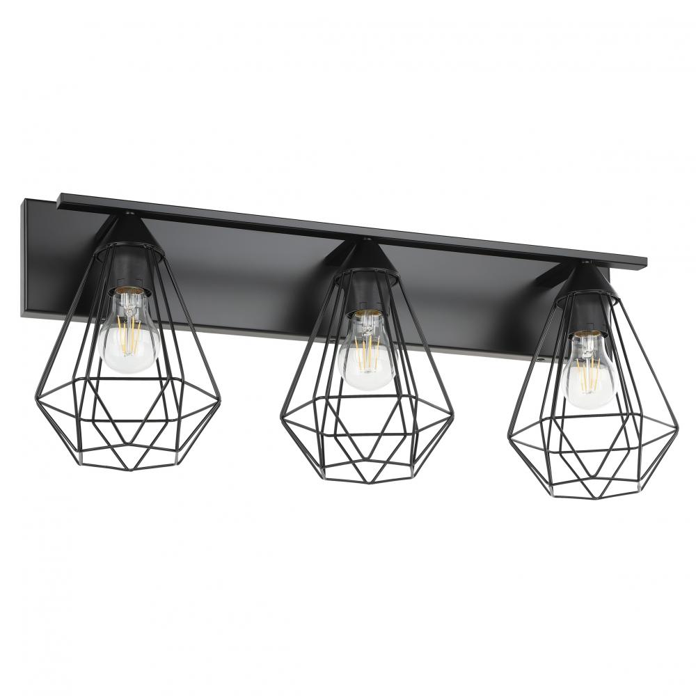 3 Lt Bath/Vanity Light With a matte black finish and Open Frame Geometric shades