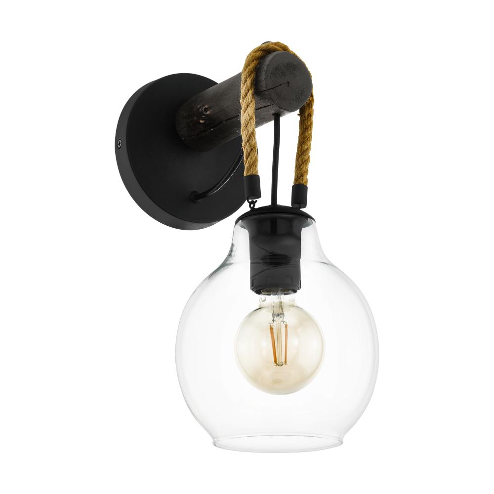 Rodding 1 Light Wall Sconce with Structured Black Finish Brown Roping and Clear Glass Shade