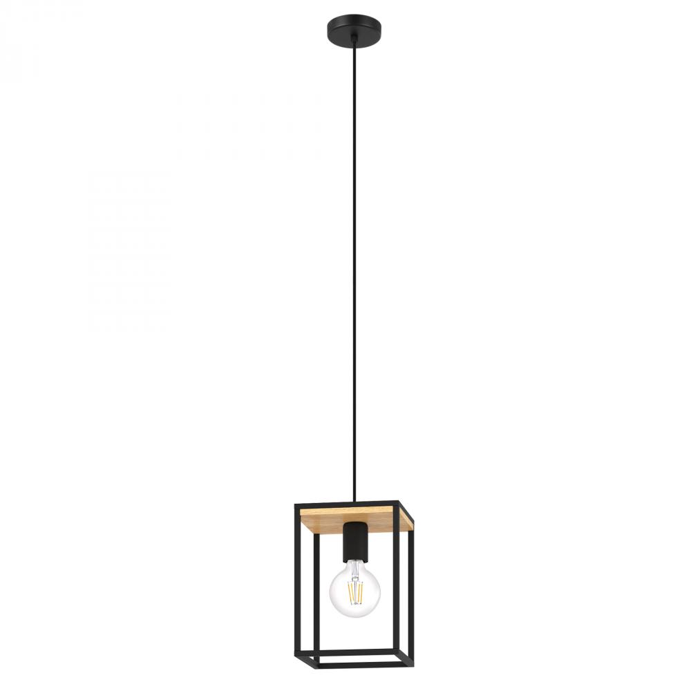 1 LT Open Fram Pendant With Structured Black and Wood Finish 1-60W E26 Bulb