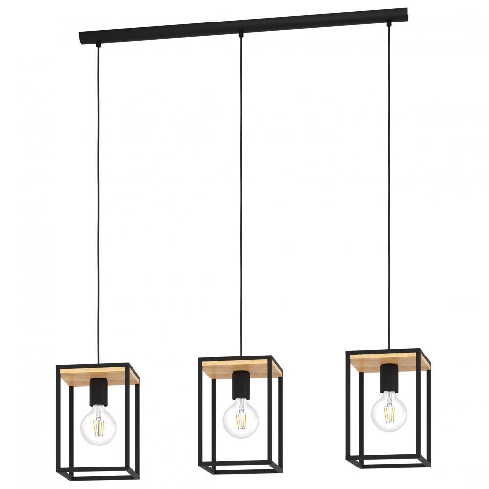 3 LT Open Frame Linear Pendant With Structured Black and Wood Finish 3-60W E26 Bulb