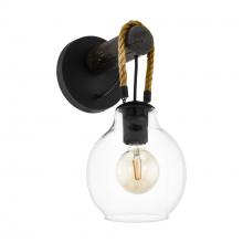 Eglo 43619A - Rodding 1 Light Wall Sconce with Structured Black Finish Brown Roping and Clear Glass Shade