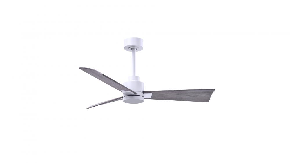 Alessandra 3-blade transitional ceiling fan in textured bronze finish with barnwood blades. Optimi