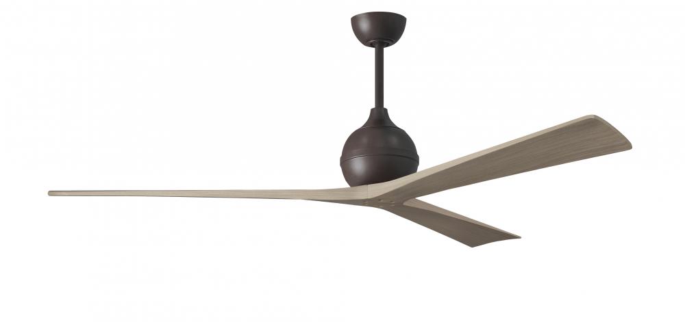 Irene-3 three-blade paddle fan in Textured Bronze finish with 72” gray ash tone blades.