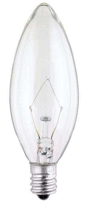 25W B9 1/2 Torpedo Incandescent Clear E12 (Candelabra) Base, 130 Volt, Box