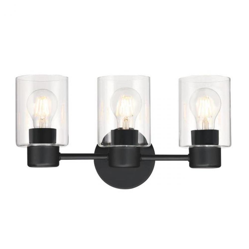 3 Light Wall Fixture Matte Black Finish Clear Glass