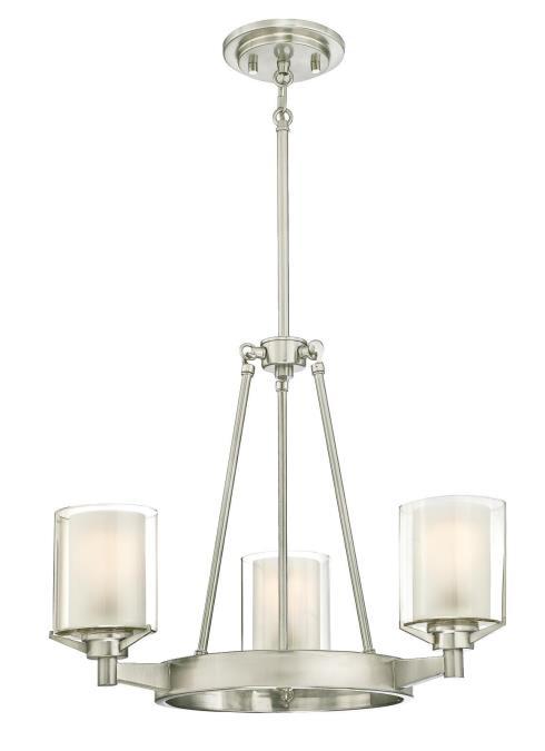 3 Light Chandelier Brushed Nickel Finish Frosted Glass Inner and Clear Glass Outer Shade