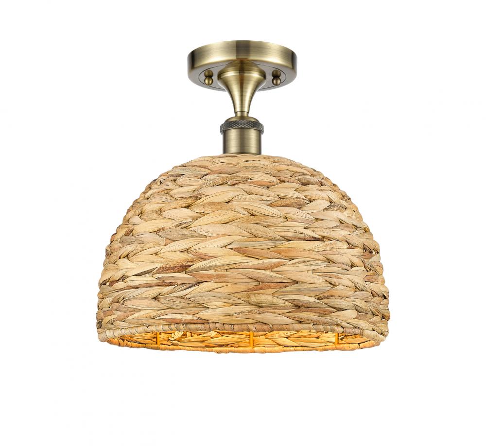 Woven Rattan - 1 Light - 12 inch - Antique Brass - Semi-Flush Mount