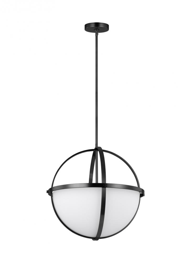 Alturas indoor dimmable 3-light pendant in a midnight black finish and etched white glass shades