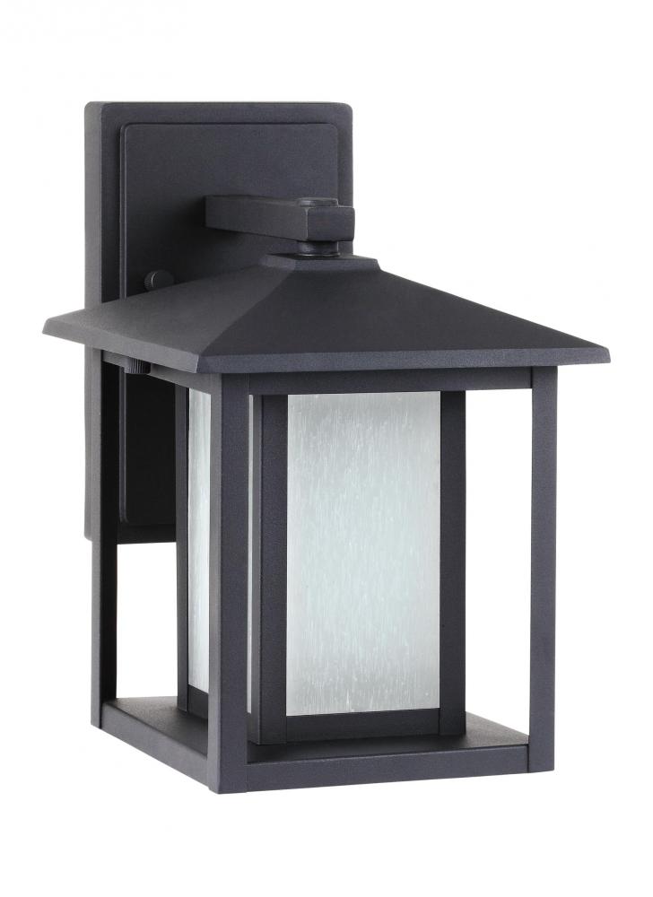 Hunnington contemporary 1-light outdoor exterior small wall lantern in black finish with etched seed