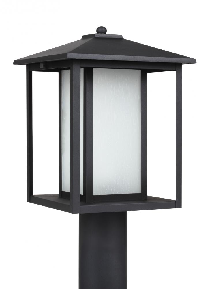 Hunnington contemporary 1-light outdoor exterior post lantern in black finish with etched seeded gla
