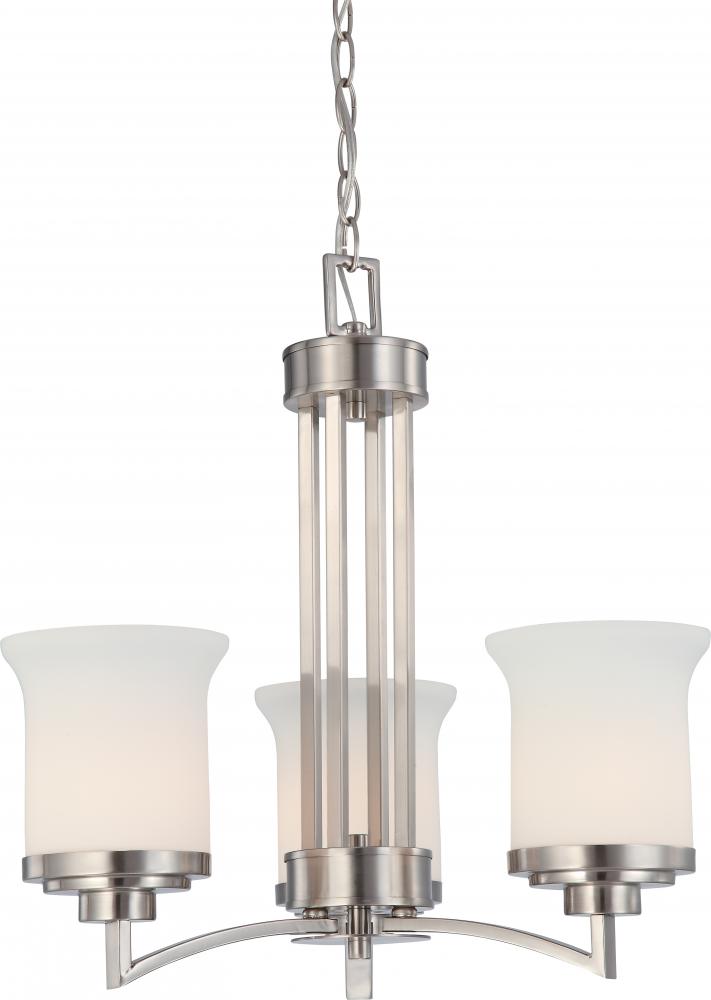 3-Light Chandelier in Brushed Nickel Finish with White Satin Glass