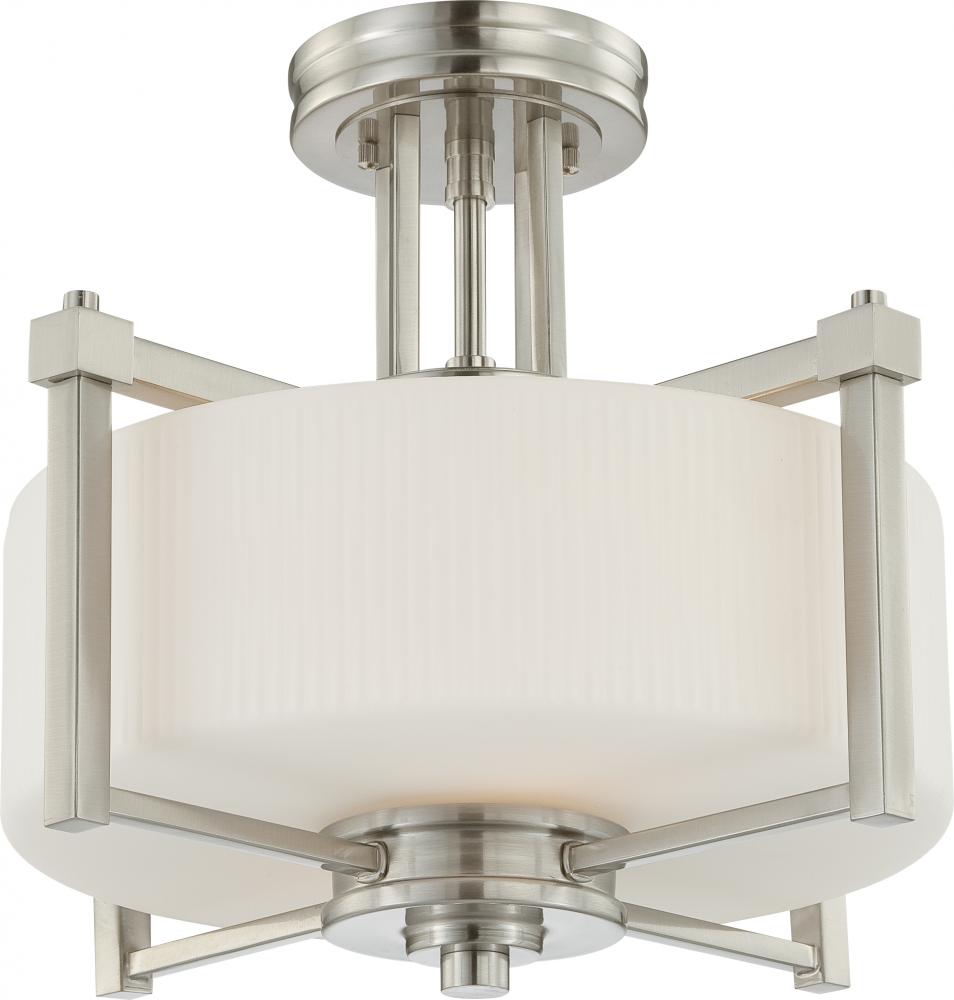 2-Light Semi Flush Mount Ceiling Light in Brushed Nickel Finish with White Satin Glass