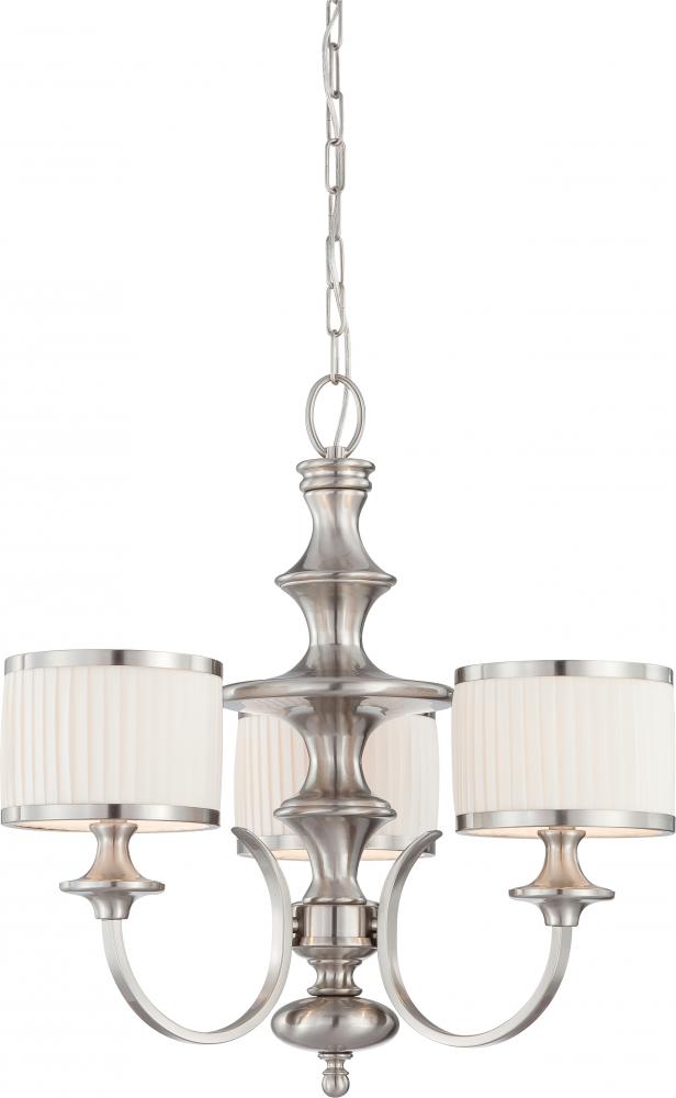 Candice - 3 Light Chandelier with Pleated White Shades - Brushed Nickel Finish