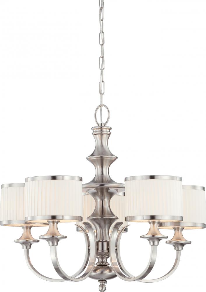 Candice - 5 Light Chandelier with Pleated White Shades - Brushed Nickel Finish