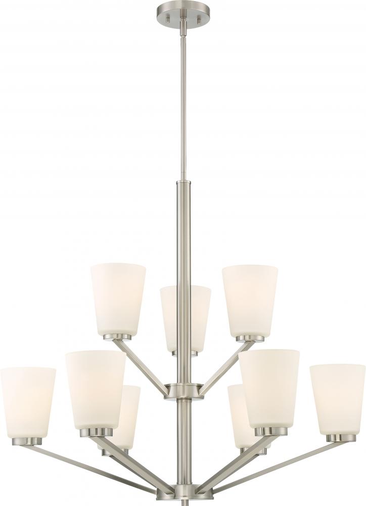 Nome - 9 Light Chandelier with Satin White Glass - Brushed Nickel Finish