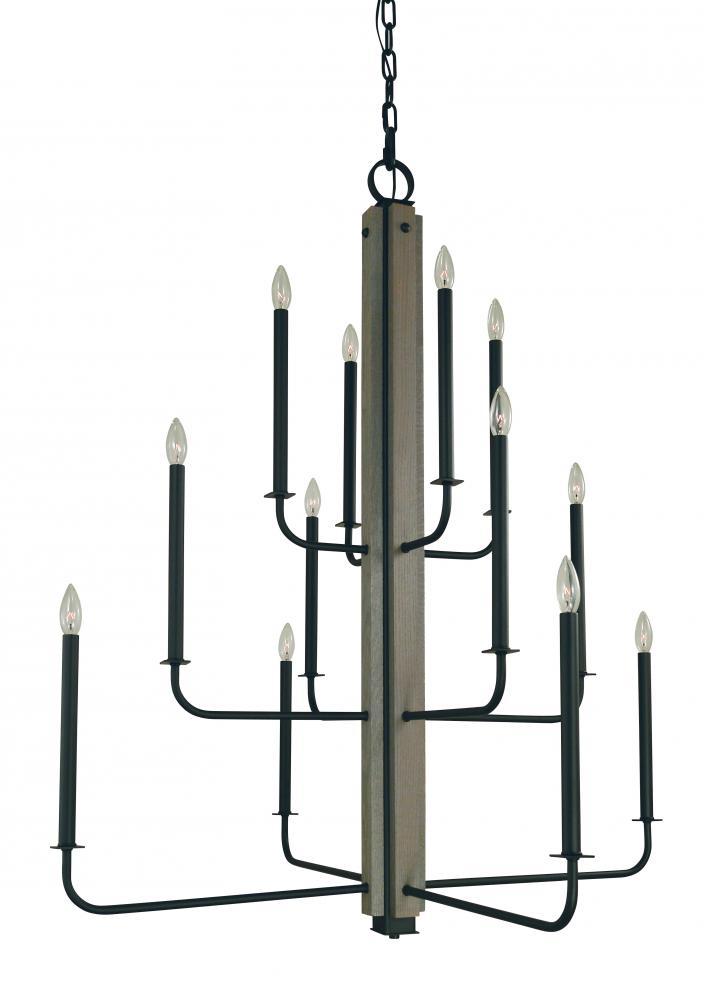 12-Light Matte Black With Grey Oak Accents Loft Foyer Chandelier